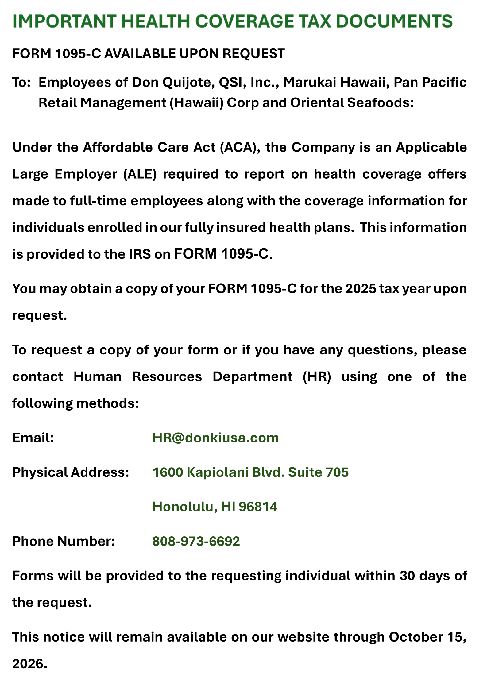 2026-01 Website Notice to inform EEs Re their ACA Form 1095